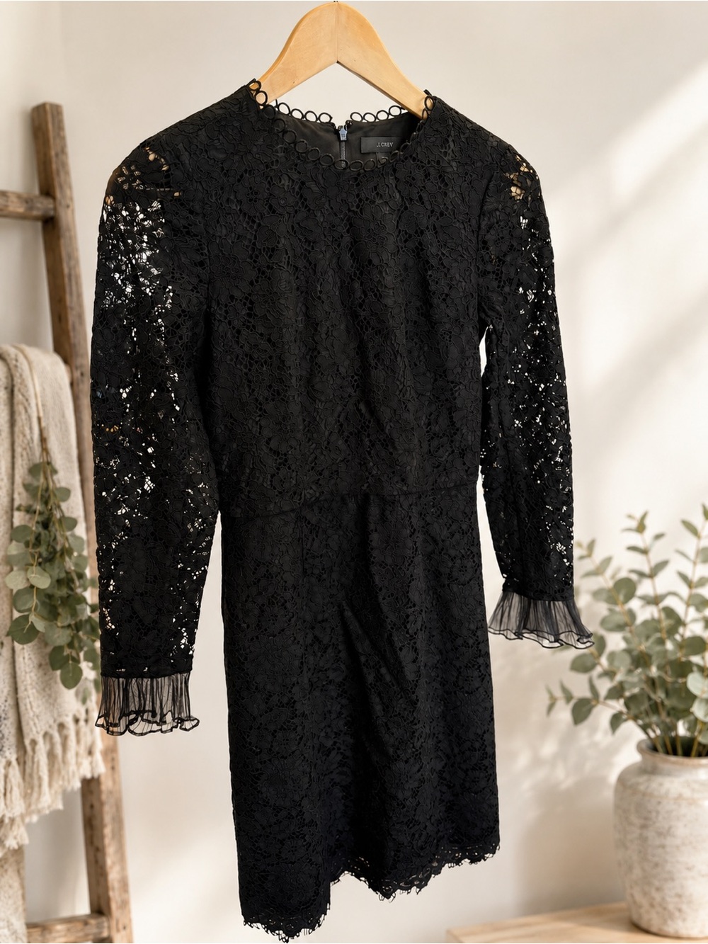 J.Crew Black Floral Lace Long Sleeve Sheath Dress Size 00